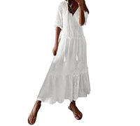 Summer Dresses for Women UK V-Neck Hollow Sweet Maxi Dress for Women UK Casual Short Sleeve Solid Color Long Dresses A Line Flowy Dress Perfect for Daily Holiday Travel Maternity White