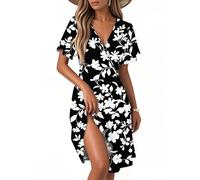 Summer Dresses for Women UK V Neck Short Sleeve Casual Pleated Hem Knee Length T-Shirt Dress with Pockets,Plain Dress Long Summer Dresses for Women UK Short Sun Y2K Black Sequin Casual,u797k