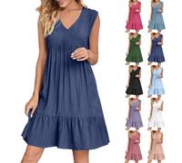 Summer Dresses for Women UK - V Neck Sleeveless Linen Dresses Casual Flowy A Line Tank Dress with Pockets Swing T Shirt Dress Knee Length Sundresses for Daily Holiday Beach Work Or School