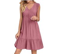 Summer Dresses for Women UK - V Neck Sleeveless Linen Dresses Casual Flowy A Line Tank Dress with Pockets Swing T Shirt Dress Knee Length Sundresses for Daily Holiday Beach Work Or School Red