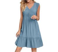 Summer Dresses for Women UK - V Neck Sleeveless Linen Dresses Casual Flowy A Line Tank Dress with Pockets Swing T Shirt Dress Knee Length Sundresses for Daily Holiday Beach Work Or School Blue