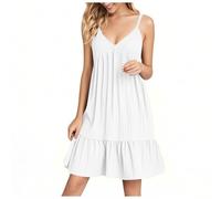 Summer Dresses for Women UK V Neck Solid Color Strappy Dress Spaghetti Strap Plain Pleated Cute Mini Dress Bohemian Beach Holiday Vacation Flowy Short Dresses with Pockets White