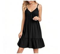 Summer Dresses for Women UK V Neck Solid Color Strappy Dress Spaghetti Strap Plain Pleated Cute Mini Dress Bohemian Beach Holiday Vacation Flowy Short Dresses with Pockets Black