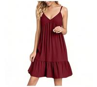 Summer Dresses for Women UK V Neck Solid Color Strappy Dress Spaghetti Strap Plain Pleated Cute Mini Dress Bohemian Beach Holiday Vacation Flowy Short Dresses with Pockets Wine