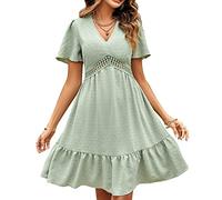 Summer Dresses For Women Uk,Women'S Knee Length Dresses Elegant Sage Green Swiss Dot V-Neck Short Sleeve Skater Dress Sexy Hollow Beach Dresses Summer A-Line Flowy Swing Ruched Tiered Sundresses,M