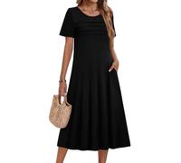 Summer Dresses for Women UK Women's Sommer Solid Color Crew Neck Short Sleeve Midi Dress Elegant Swing Long Dress Beach High Waist Midi Dresses Bohemian A-Line Sundress Loose Flowy Sundresses