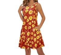 Summer Dresses for Women Women's Print Spring Summer Loose Casual Round Neck Camisole Sleeveless Vest Pocket Dress Swimsuit Beach Cover Up midi Dresses for Women (Red, M)