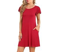 Summer Dresses for Women Womens Summer Dresses 2023 Short Sleeve Casual Beach Tshirt Dress Round Neck Loose Swing with Pockets Maxi Dresses for Women (Red, S)