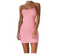 Summer Dresses Solid Summer Slim Fit Strap Short Dress Off Shoulder Stretch Women Casual Midi Dress Ladies Dresses Party for Women UK for Maxi (S) Pink