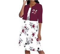 Summer Dresses Women Office Wedding Guest Dresses UK Sexy Tunic Dress Two-Piece Ladies Summer Printed Round Neck Elegant A Line Sling Dress Half Sleeve Cardigan Tops Set