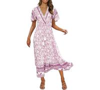 Summer Dresses Women's Elegant Boho Dress Women's Long Maxi Dress V-Neck Long Floral Dress High Waist Drawstring Dress Flowers Swing Flowy Ball Dress Casual Tunic Dress Holiday Casual Dresses