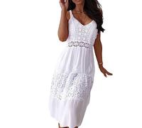 Summer Dresses,Women'S Floral Lace Midi Dress Boho White Splicing Hollow Long Dress Sexy V Neck Sleeveless Tank Dress Elegant Tiered Cami Dress Summer Swing Beach Dresses For Ladies,L