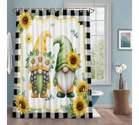 Summer Dwarfs Shower Curtain with 12 Hooks Yellow Sunflower Daisy Black Plaid Field Waterproof Fabric Shower Curtains Sets for Bathroom Bath Decorations, Machine Washable, 72"x96"