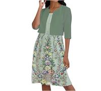 Summer Elegant Dresses Women Office Wedding Guest Dresses UK Sexy Tunic Dress Two-Piece Ladies Summer Printed Round Neck Elegant A Line Sling Dress Cardigan Tops Set