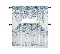 Summer Eucalyptus Leaves Swag Curtains Valance and Tier Set, Rod Pocket 3 Piece Kitchen Curtains Over Sink Spring Botanical Floral Swag Valances and Tier Curtains for Bedroom Bathroom 24 Inch Length