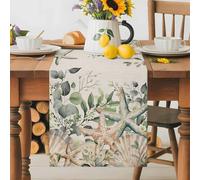 Summer Eucalyptus Table Runner 13x120 Inches Long Shell Ocean Starfish Green Leaves Retro Cotton Linen Table Runner Burlap Style for Dinner Table Party Decor Tabletop Decorations