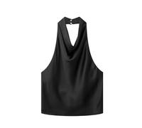 Summer European and American style silk satin texture halter neck solid color top-Black-S