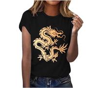 Summer Fall T-Shirt for Women Sale Casual Loose Lightweight Short Sleeve Basic Tops Ladies Novelty Dressy Solid Crew Neck New Year Dragon Print Pullover