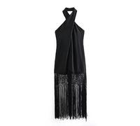 Summer Fashion Beach Long Lady Sexy Halter Dress Women Black Tassel Backless Linen Sleeveless Female Dresses