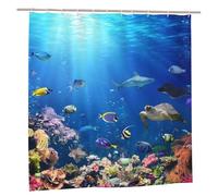 Summer Fish Shower Curtain for Men, Ocean Underwater World Blue Waterproof Bath Curtains, Quick Dry Sea Turtles Decorate Bathtub Curtains, Bathroom Curtain with 12 Hooks, 180x180cm/ 71X71 in