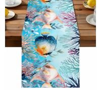 Summer Fish Table Runner, Nautical Watercolor Blue Red Marine Life Coral Seaweed Cotton and Table Linen Runner for Kitchen Dining Home Decor for Party Festival Holiday Decoration Gift 13x48in