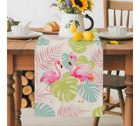 Summer Flamingo Blue Pink Green Leaves Table Runner 36 Inches Long, Vintage Palm Leaf Washable Table Runners Heat-Insulation Kitchen Dining Table Decorations for Home Party Decor 13x36in