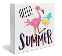 Summer Flamingo Wood Box Sign Desk Decor Hello Summer Wood Block Sign Decor for Home Table Shelf Wall