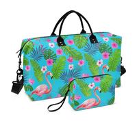 Summer Flamingos Palm Flower Blue Decorative Oversized Travel Duffel Bag Gym Carry on Duffel Bags with Toiletry Bag for Business Trips 2 Pcs Set bolsas para viajar en Avion de Mujer
