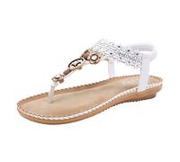 Summer Flat Sandals for Women, Ladies Slip On Post Thong Shoes Walking Sandals Casual Peep Toe Low Wedge Heel Anti Slip Slippers Outdoor Rhinestone Slingback Beach Sandals for Vacation (10-White,5)