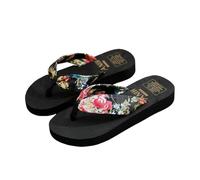 Summer Flip Flops for Women Bohemian Satin Cloth Straps Slippers Casual Non-Slip Beach Plat Sandal for Indoor Outdoors (Black,6)