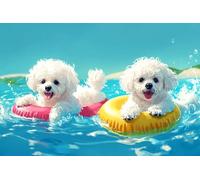 Summer Float Fun 1000 Piece Wooden Jigsaw Puzzle for Adults,Bichon Frise Dogs on Pool Tubes,Vibrant Beach Scene