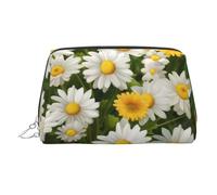 Summer Floral Daisies Flower Makeup Bag for Women Cosmetic Bags Leather Travel Makeup Case Organizer Waterproof Make up Pouch Open Flat Toiletry Bag Portable Storage Pouch for Travelling, Silver, One