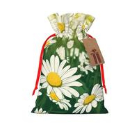 Summer Floral Daisies Flower Printed Christmas Drawstring Bags Reusable Bag for Christmas Party Xmas Gift Wrapping, Red Ribbon, S