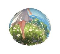 Summer Floral Flowers Daisies print Shower Cap for Women Double Layer Elastic Bath Cap for Home Spa Hotel and Hair Salon