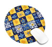 Summer Floral Mosaic Desk Mouse Pad, Yellow Blue Hand-Painted Design Stitched Edge Mat, Rubber Non-Slip Washable Gaming Mouse Pad for Home and Office Computer, Laptop Round 8x8 Inch