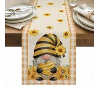Summer Floral Table Runner 13 x 36 Inch, Watercolor Sunflower Cartoon Gnome Farm Bee Linen Washable Cotton Linen Dining Table Runner Tabletop Decorations for Restaurant Home Kitchen Party