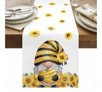 Summer Floral Table Runner 13 x 36 Inch, Watercolor Sunflower Cartoon Gnome Farm Bee Washable Cotton Linen Dining Table Runner Tabletop Decorations for Restaurant Home Kitchen Party