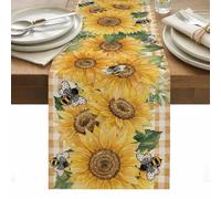 Summer Floral Table Runner 13 x 90 Inch, Watercolor Sunflower Cartoon Farm Bee Linen Texture Washable Cotton Linen Dining Table Runner Tabletop Decorations for Restaurant Home Kitchen Party