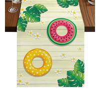 Summer Floral Table Runner, Tropical Leaves Watermelon Swimming Rings Wood Grain Cotton and Table Linen Runner for Kitchen Dining Home Decor for Party Festival Holiday Decoration Gift 13x36in