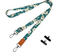 Summer Flower Mobile Phone Crossbody Lanyard PU Leather Neck Strap Cellphone Printed Lanyard Outdoor Telephone Anti-lost Shoulder Rope (Dark green pink flowers)