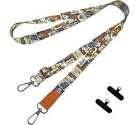 Summer Flower Mobile Phone Crossbody Lanyard PU Leather Neck Strap Cellphone Printed Lanyard Outdoor Telephone Anti-lost Shoulder Rope (cat and coffee)