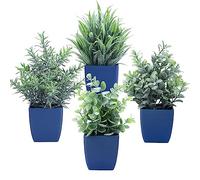 summer flower Set of 4 Fake Plants in Pot Small Artificial Eucalyptus Potted Plant Mini Wheat Grass Ferns Faux Greenery for Home Indoor Office Table Bathroom Farmhouse Decorations Blue