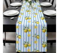 Summer Fruit Table Runner 13x108 Inches Long Watercolor Yellow Lemon Rustic Flower Blue Stripes Cotton Linen Table Runner Burlap Style for Dinner Table Party Decor Tabletop Decorations