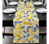 Summer Fruit Table Runner 13x120 Inches Long Watercolor Yellow Lemon Blue Flowers Rustic Cotton Linen Table Runner Burlap Style for Dinner Table Party Decor Tabletop Decorations