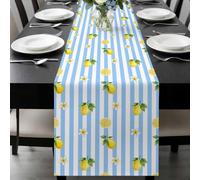 Summer Fruit Table Runner 13x120 Inches Long Watercolor Yellow Lemon Rustic Flower Plate Blue Stripes Cotton Linen Table Runner Burlap Style for Dinner Table Party Decor Tabletop Decorations