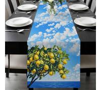 Summer Fruit Table Runner 13x36 Inches Long Yellow Lemon Green Leaf Blue Sky Ocean Cotton Linen Table Runner Burlap Style for Dinner Table Party Decor Tabletop Decorations