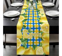 Summer Fruit Table Runner 13x48 Inches Long Watercolor Lemon Frame Letter Print Blue Yellow Plaid Cotton Linen Table Runner Burlap Style for Dinner Table Party Decor Tabletop Decorations