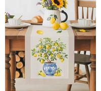Summer Fruit Table Runner 13x90 Inches Long Watercolor Yellow Lemon Green Leaf Porcelain Potted Plant Cotton Linen Table Runner Burlap Style for Dinner Table Party Decor Tabletop Decorations