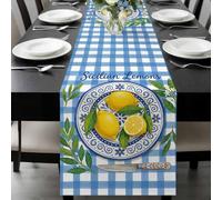 Summer Fruit Table Runner 13x90 Inches Long Watercolor Yellow Lemon Rustic Flower Plate Blue Plaid Cotton Linen Table Runner Burlap Style for Dinner Table Party Decor Tabletop Decorations