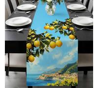 Summer Fruit Table Runner 18x72 Inches Long Yellow Lemon Blue Sky Green Leaf Vintage Cotton Linen Table Runner Burlap Style for Dinner Table Party Decor Tabletop Decorations